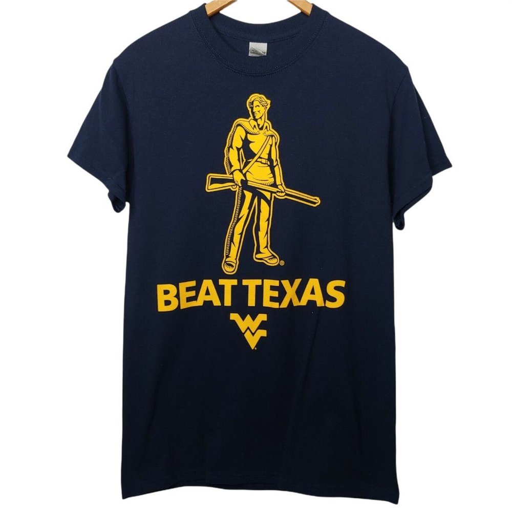 West Virginia University Mountaineers Beat Texas Unisex S T Shirt Blue Gold EUC